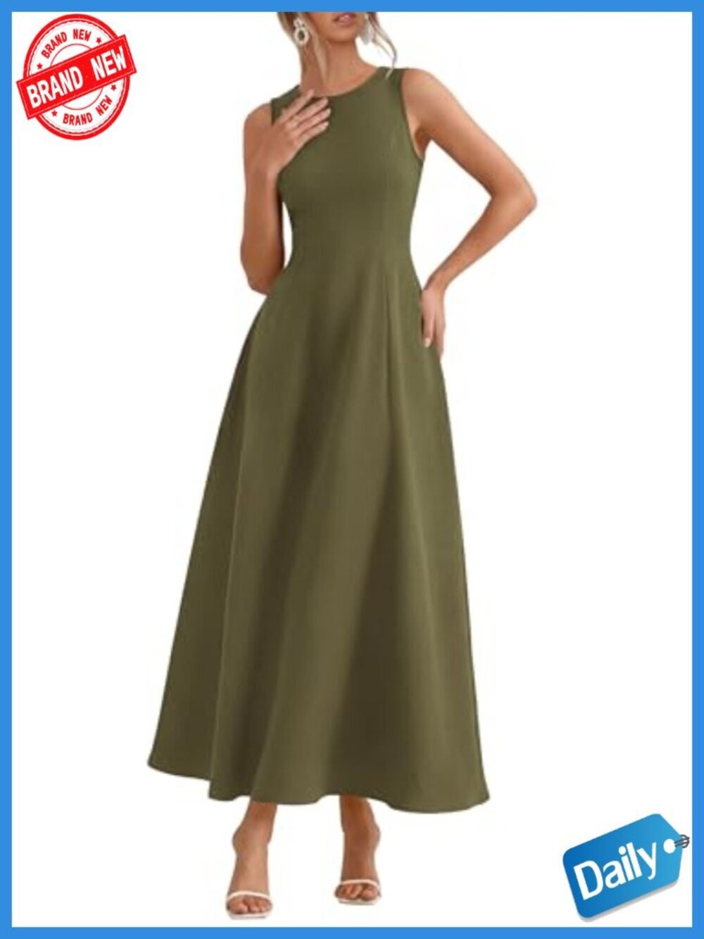 A-Line Maxi Dress Sleeveless Tank Swing with Pockets Stretch Knit Cotton Blend